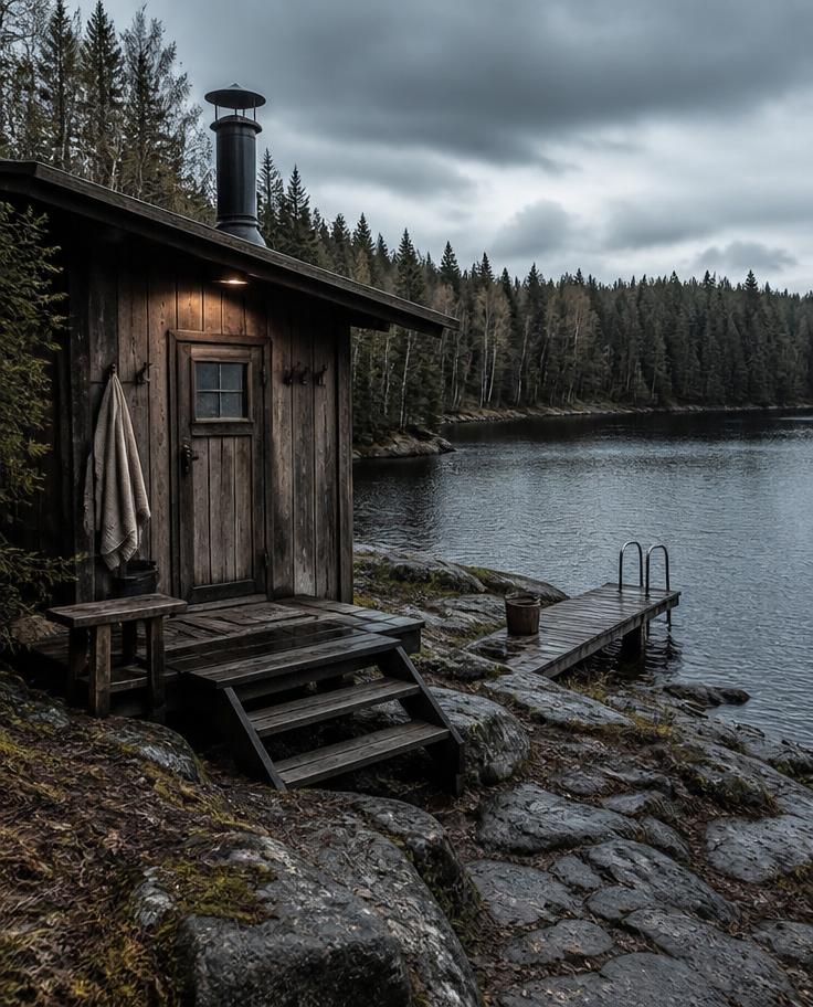 Rustikk badstue ved vannet